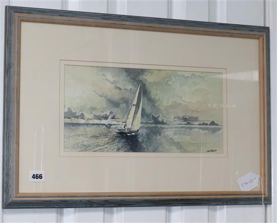 Carl R. Paul, watercolour, Yachts off the coast, signed, 18 x 37cm